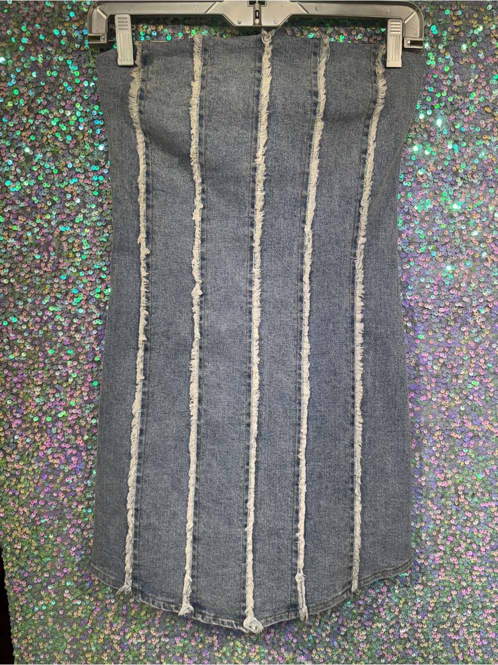 Upcycled Y2k Blue Frayed Vertical Stripe Denim Tube Top Strapless Dress